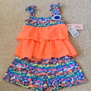 Little Lass Neon Orange Tiered Ruffle Tank with Tropical Floral Shorts